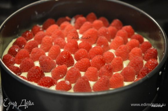 Выложить ягоды свежие или замороженные, можно просто густой джем как вишня или малина.