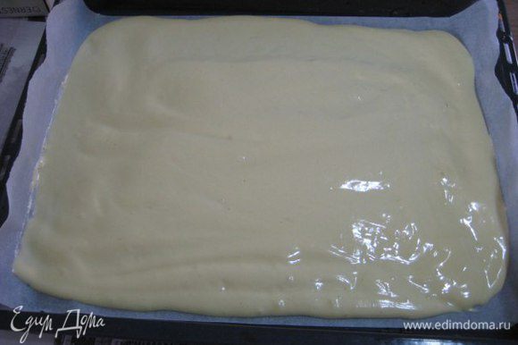 Духовку нагреть до 200°C. Большой противень застелить бумагой для выпечки. Если вы сомневаетесь в качестве бумаги, слегка смажьте ее растительным маслом. Вылить тесто, разровнять.