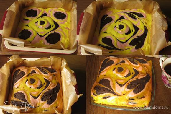 Планировала сделать еще один слой — подложку из цветных коржей желтого, розового и коричневого, но торт получился и так высоким, т ч получился еще один торт альтернатива, если страшно делать выпечку с рисунком, наливаем поочередно по ложке каждого цвета в 5 точек на форме, в середине получается квадрат и край — углы, проводим палочкой через центральные капли — рисуем "восточный ковер". Не смотря на более простую технику в разрезе получается красивый рисунок — розовый бутон в центре и завитки по краю. Разреза к сожалению нет, техника настолько фантазийна, что трудно предугадать результат. Приятного аппетита!