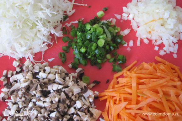 Капусту мелко нашинковать, морковь очистить, нарезать тонкой соломкой, лук и грибы нарезать мелкими кубиками, зеленый лук мелко нарезать.