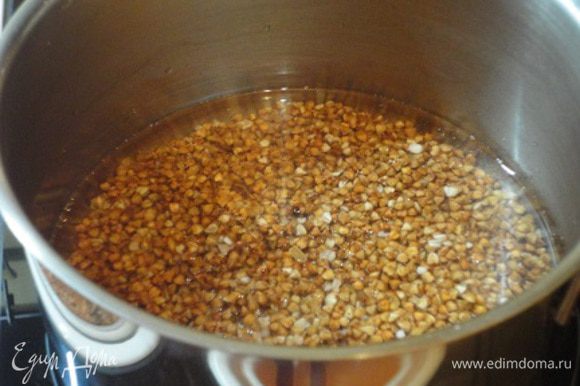 Гречневую крупу залить горячей водой, добавить соль и растительное масло и варить под крышкой до готовности.