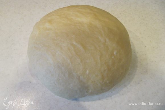 Затем выложить тесто на припыленную мукой рабочую поверхность и, постепенно добавляя оставшуюся просеянную муку, вымесить гладкое эластичное тесто. На это потребуется 7-10 минут. Поместить готовое тесто в смазанную тонким слоем растительного масла миску, затянуть пищевой пленкой и отправить в теплое место без сквозняков подходить на 50-60 минут.