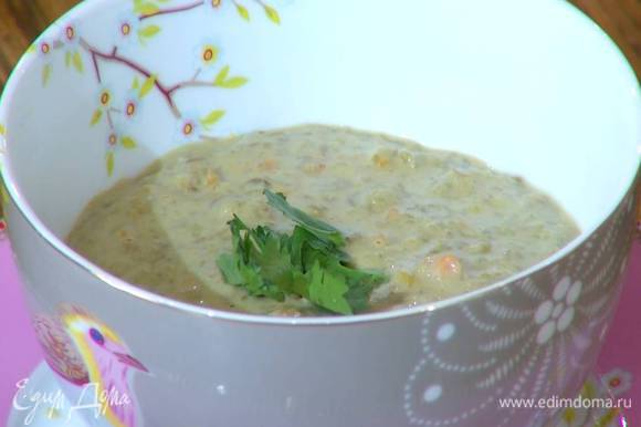 Готовый суп украсить листьями кинзы.