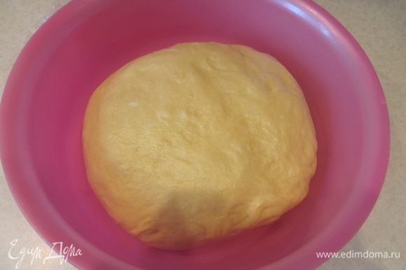 Обмять тесто, снова затянуть емкость пищевой пленкой и отправить тесто на вторую расстойку в теплое место на 45 минут.