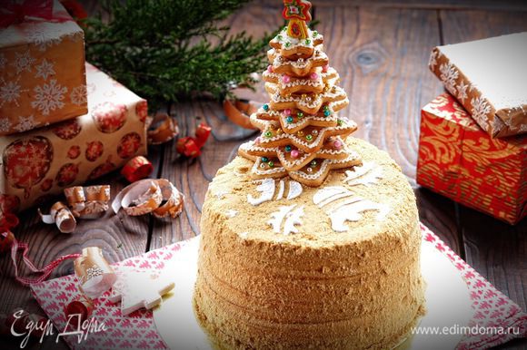 Когда торт как следует пропитался, перед подачей, посыпаем его сахарной пудрой (я использовала специальный трафарет с рождественским мотивом) и устанавливаем рождественскую елку. Готово!