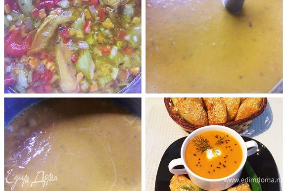 Снимаем кастрюлю с огня, вынимаем лавровые листики, солим по вкусу и пюрируем суп погружным блендером. Затем возвращаем кастрюлю на плиту, даем супу закипеть, варим еще 2 минуты. Суп готов.