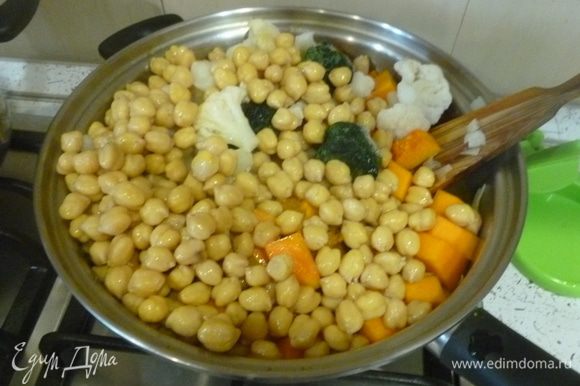 Добавить нут, цветную капусту, шпинат, пасту карри и налить немного кипятка. Готовить под крышкой, время от времени перемешивая, до готовности овощей.
