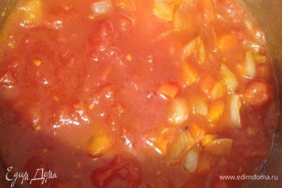 Добавить томаты в собственном соку и готовить на слабом огне под крышкой 15-20 минут. За 5 минут до окончания приготовления приправить солью и перцем.
