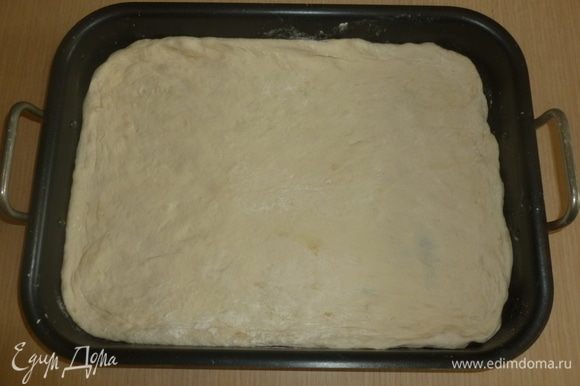 Разогреть духовку до 220°С. Смазать противень маслом, присыпать хлебными крошками. Раскатать тесто в пласт по размеру противня, сформировать бортики и оставить на 15 минут для расстойки.