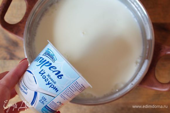 В теплое козье молоко влить сок, добавить цедру апельсина и живой натуральный йогурт в качестве закваски, перемешать.
