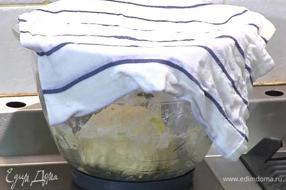 Сформировать из теста шар, поместить в миску, смазанную оливковым маслом, накрыть смоченным в горячей воде и отжатым полотенцем и поставить в теплое место на 15 минут.
