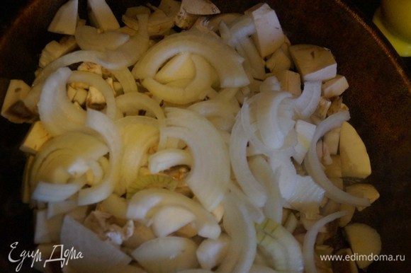 На разогретой с растительным маслом сковороде обжариваем грибы и лук до готовности, добавляя соль по вкусу.