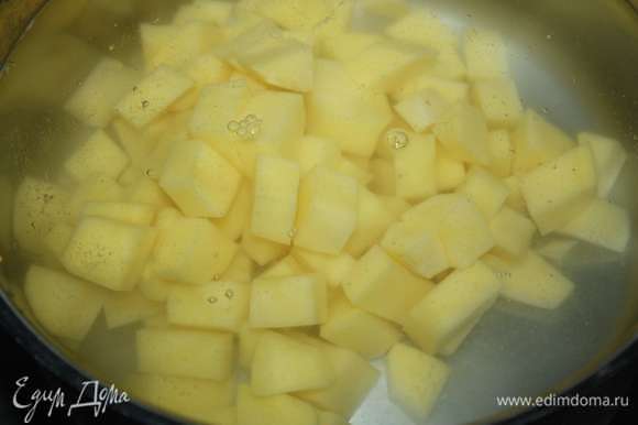 Воду налить в кастрюлю, добавить мелко нарезанный картофель.