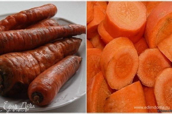 Морковка. Берите обычную деревенскую. Она и сочнее, и слаще. Морковнее. Помыть, почистить и нарезать кружочками, не сильно толсто. Без премудростей.