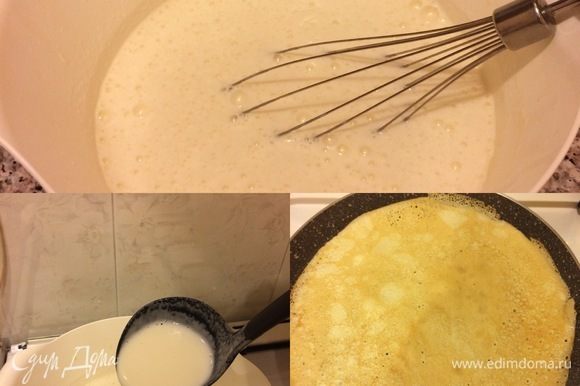 Спустя указанное время перемешать тесто венчиком. Сковороду для блинов хорошо нагреть, смазать маслом и жарить блины по 2 минуты с каждой стороны.