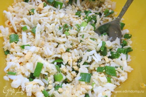 Перемешать рис и натертые яйца. Зеленый лук мелко нарезать, добавить к яйцам и рису, перемешать. Посолить и поперчить по вкусу. Начинка готова.