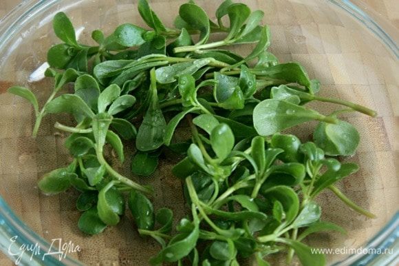 Помыть и обсушить зеленый салат с мелкими листьями. Это может быть кресс-салат, корн-салат или садовый портулак, как у меня (сама вырастила!). Я использую тот, что есть под рукой. Лучше всего с кресс-салатом — у него более яркий вкус и аромат.