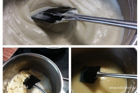 Для шоколадного мусса нужно замочить в небольшом количестве холодной воды желатин. Молоко с сахаром разогреть, развести в молоке желатин. Добавить мелко колотый белый шоколад, размешать до его полного растворения. Охладить до 35–40°C, затем ввести взбитые сливки. Сливки вводить частями, перемешивая лопаточкой круговыми движениями сверху вниз.