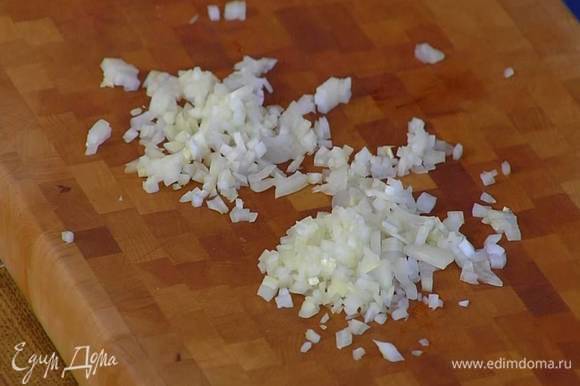 Белую луковицу и чеснок почистить и очень мелко порезать.
