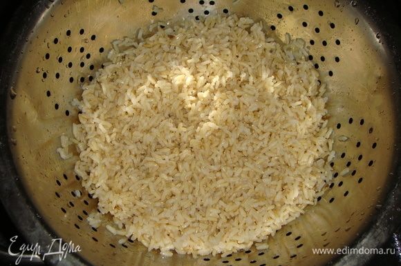 Рис выложить в дуршлаг и промыть водой.