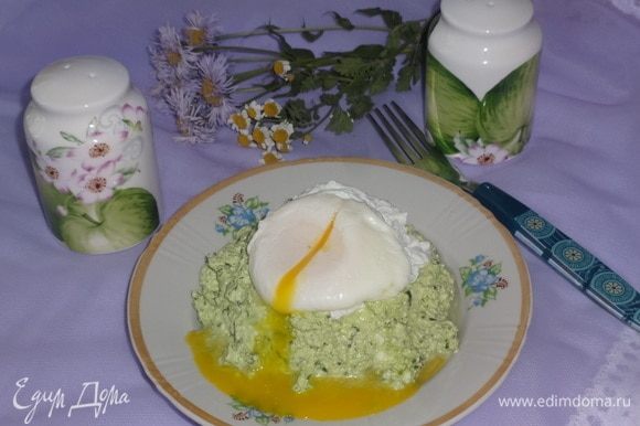На тарелку выложить зеленую творожную массу. На нее поместить яйцо пашот. Яйцо немного надрезать. Наслаждаемся! Приятного аппетита!