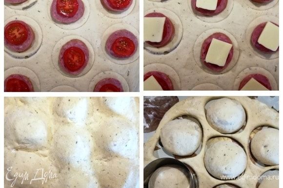 В каждый кругляшок укладываем по кружочку колбасы и помидора, кусочку сыра. Накрываем второй частью теста прижимаем пальчиками вокруг начинки. Кулинарным кольцом вырезаем пирожки.