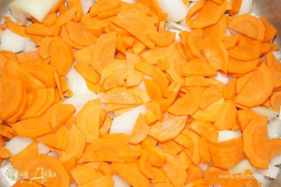 В кастрюлю для варки салата нарежьте средними полукольцами морковь и лук.