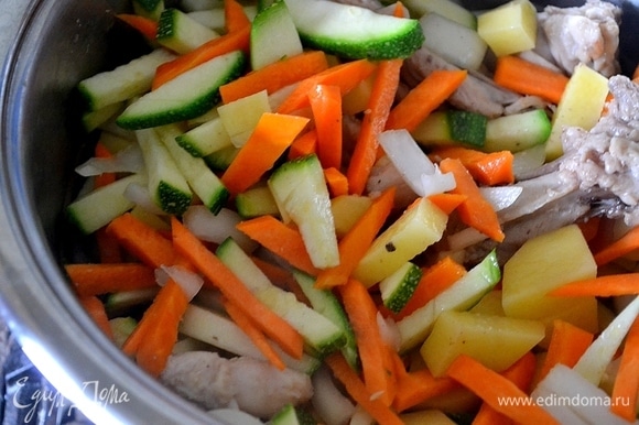 На курицу выкладываем все нарезанные овощи. Заливаем крутым кипятком и варим до готовности картофеля.