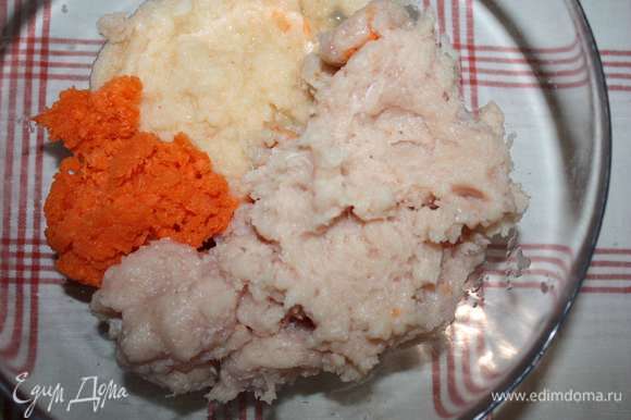 Морковь, лук и филе курицы измельчить с помощью блендера.