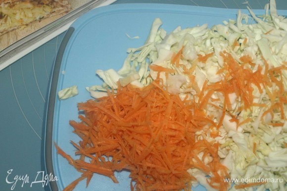 Капусту нашинковать и слегка помять руками. Морковь очистить и натереть на крупной терке. Лук очистить и мелко нашинковать. На сковороде разогреть 2 ст. л. оливкового масла, выложить овощи, посолить и жарить 7–10 минут.
