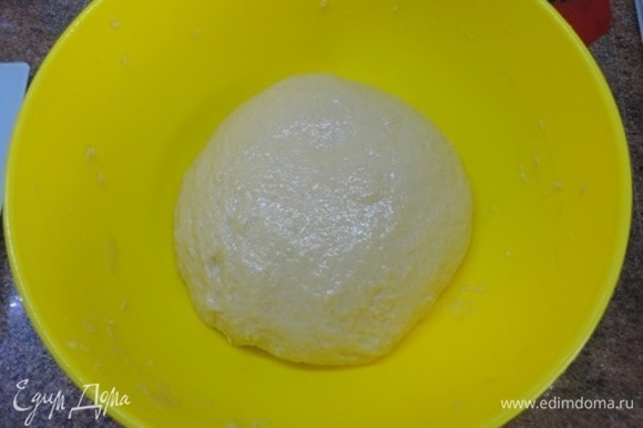 Яйца взбиваем с сахаром и солью и выливаем к опаре. Перемешиваем, добавляем муку, замешиваем довольно тугое тесто. Вымешиваем минут 5, затем начинаем вмешивать мягкое сливочное масло. Вымешиваем, пока тесто не начнет отставать от стенок посуды и от рук. Оставляем для подъема в 2–2,5 раза.