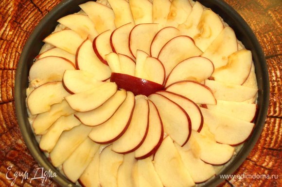 Выкладываем на тесто внахлест яблочные дольки. Отправляем в заранее разогретую до 180ºС духовку на 1 час или до сухой спицы.
