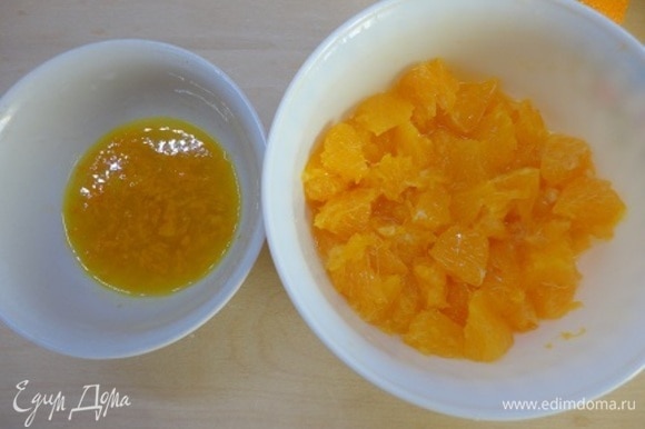 С одного апельсина снимите цедру. Мякоть двух апельсинов освободите от перегородок, нарежьте на кусочки. Выделившийся сок (примерно 4 ст. л.) перелейте к цедре.