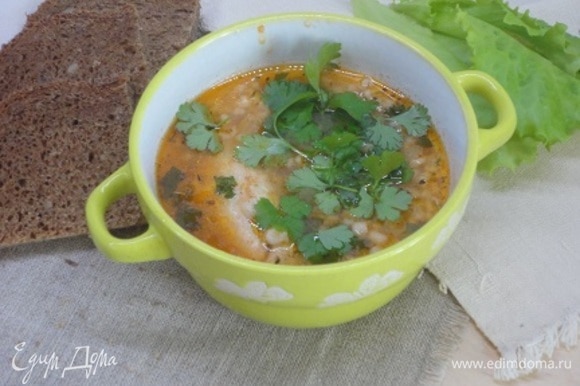 В лучших традициях венгерской кухни подаем суп со свежей петрушкой.