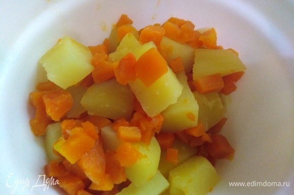 Картофель и мякоть тыквы нарезать небольшими кусочками и отварить в подсоленной воде. Отвар слить.