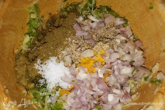 Добавьте промолотые специи, соль и очень мелко нарезанный лук-шалот.