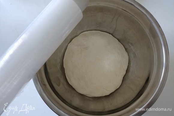 Выложить тесто в глубокую миску. Накрыть пищевой пленкой и поставить в теплое место на 2–3 часа.