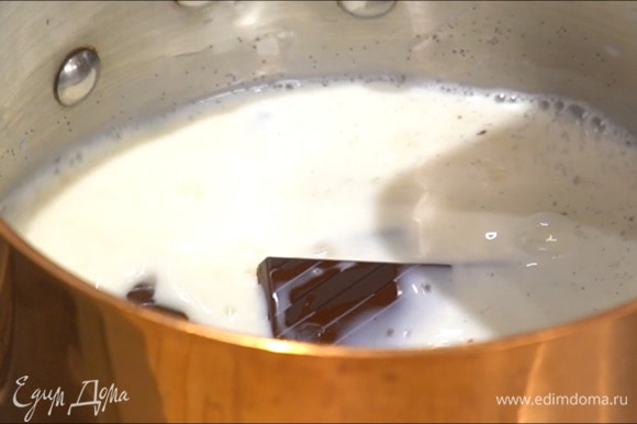 Шоколад поломать на кусочки, добавить в горячее молоко и, непрерывно помешивая, прогревать до полного растворения, затем пеперончино удалить.