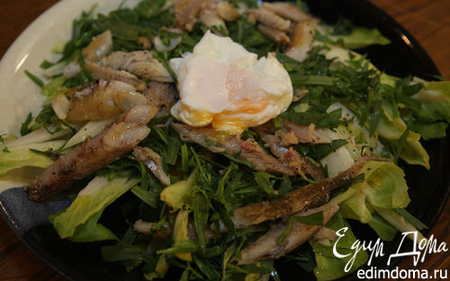 Рецепт Салат из цикория с копченой рыбой и яйцом
