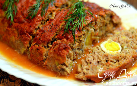 Рецепт Мясная запеканка с грибами и перепелиными яйцами под сливочно-томатным соусом (Meat Loaf)