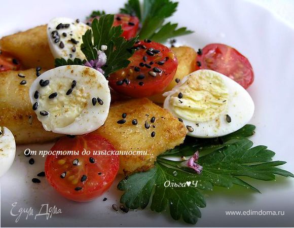 Полента таранья от Валентино Бонтемпи и салат из жареной поленты с перепелиными яйцами, помидорами черри и цветками базилика