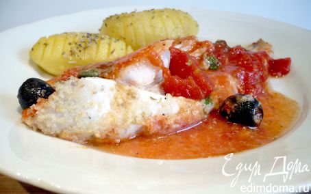 Рецепт Рыбка, запеченная в томатном соусе с маслинами и каперсами