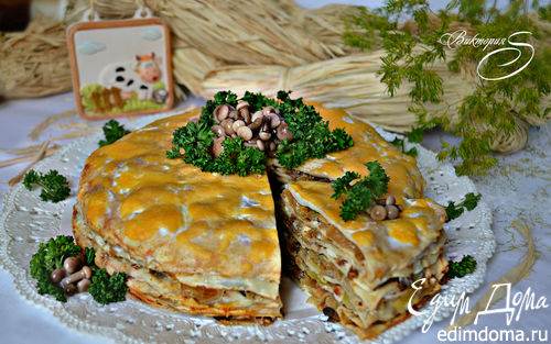Рецепт Закусочный блинный пирог с грибами и капустой
