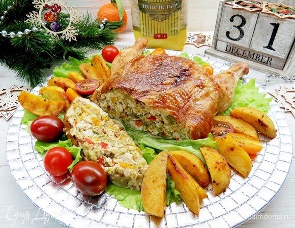 Курица, фаршированная блинами с овощами, рисом и фетой