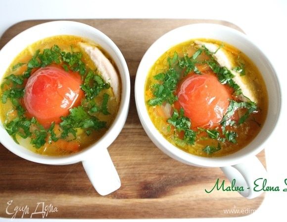 Суп с форелью и помидорами-гриль