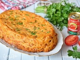 Итальянская фриттата с фаршем и спагетти