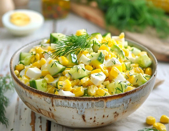 Салат с кукурузой, яйцом и свежим огурцом