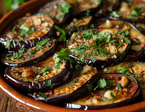 Запечённые баклажаны с чесноком и зеленью