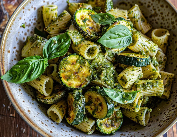 Паста с соусом песто и жареными цукини