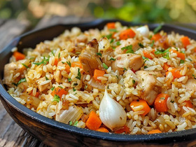 Плов с овощами и курицей в казане на костре